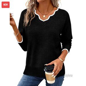 V-Neck Pullover Sweater Long Sleeve Cozy Lightweight Winter Top